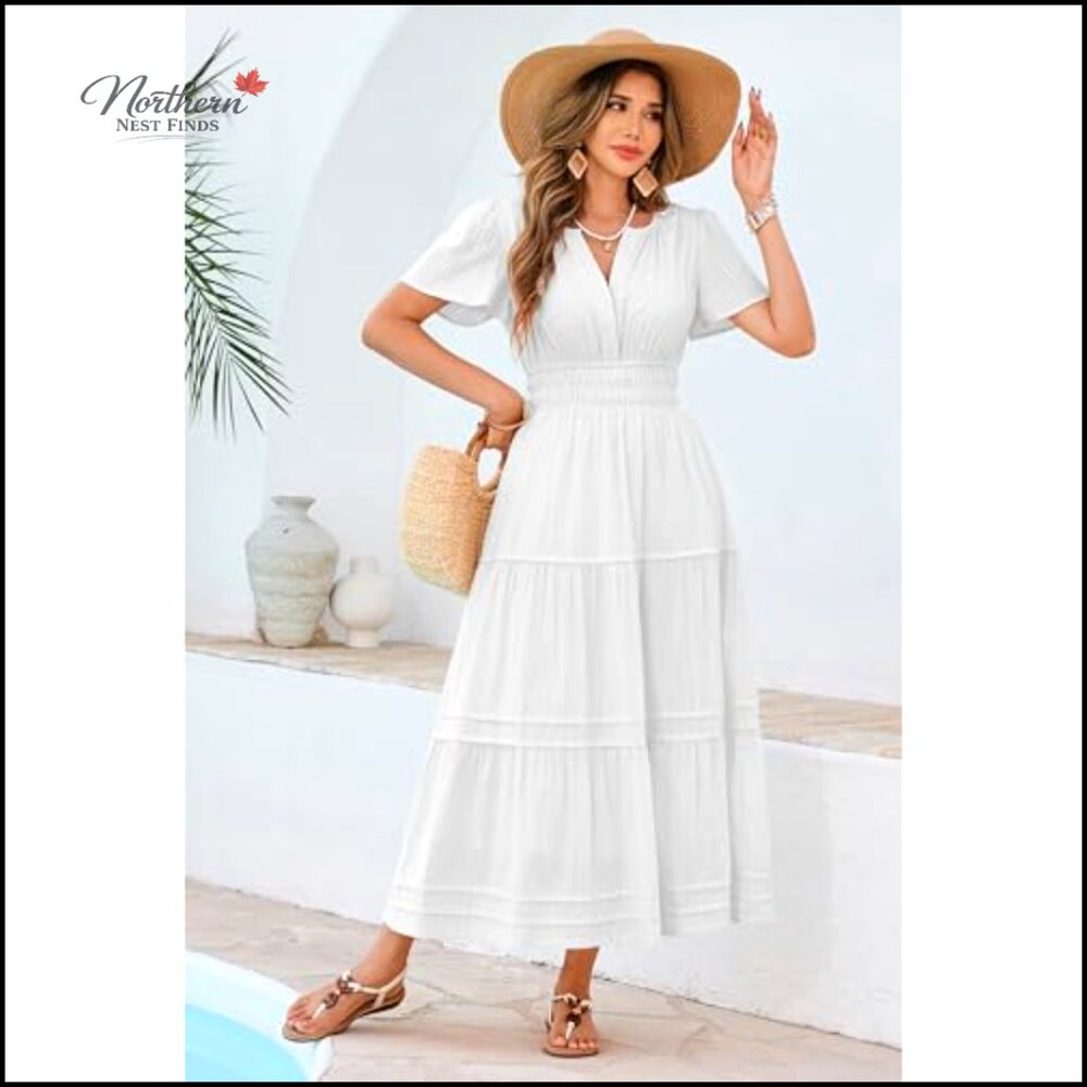 Cotton Midi Dress with Embroidered Tiered A-Line and Elastic Waist